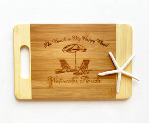 "The Beach is My Happy Place" Watercolor, Florida - Small Cutting Board with Handle