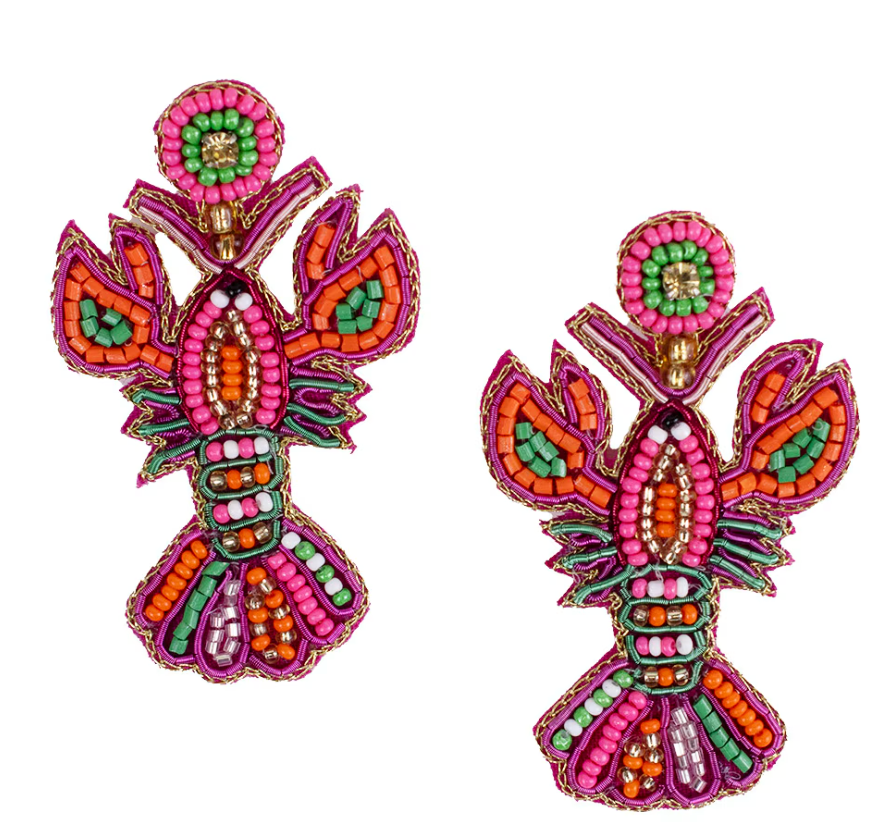 Red Bead Rhinestone Crawfish Lobster Earrings