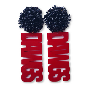 Georgia Red Acrylic "DAWGS" Earrings with Black Beaded Top