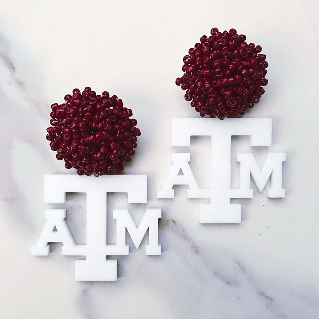 Texas A&M White Acrylic ATM Logo with Maroon Beaded Top