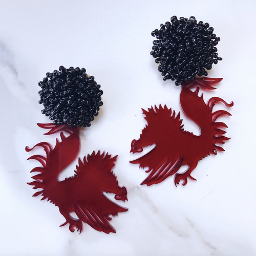 South Carolina Garnet Acrylic Gamecock Earrings with Black Beaded Top