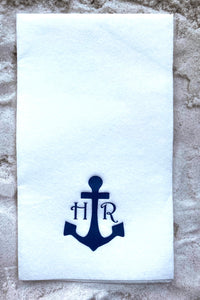 Two Letter Monogram with Anchor White Linen Guest Towel Napkin