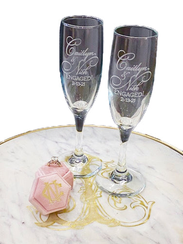 You’re Engaged Gift Set - Set of Champagne Glasses Engraved & an English Ring Box