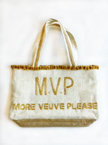 MVP Veuve Please Champagne Gold Beaded Tote Bag