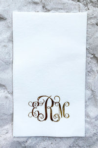 Three Letter Interlocking Monogram White Linen Guest Towel Napkin