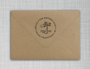 Island Palm Return Address Round Self-Inking Stamper or Hand Stamp