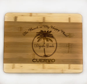 Large Bamboo Two Tone Cutting Board - Personalized "Beach Is My Happy Place" with Name
