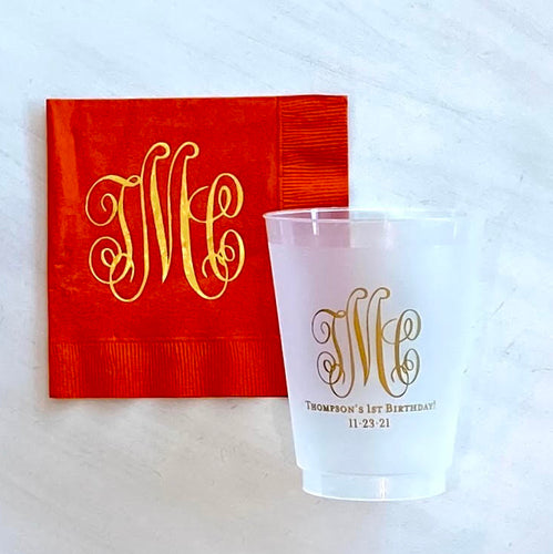 Three Letter Interlocking Monogram - 16oz Shatterproof Cups & Napkin Set